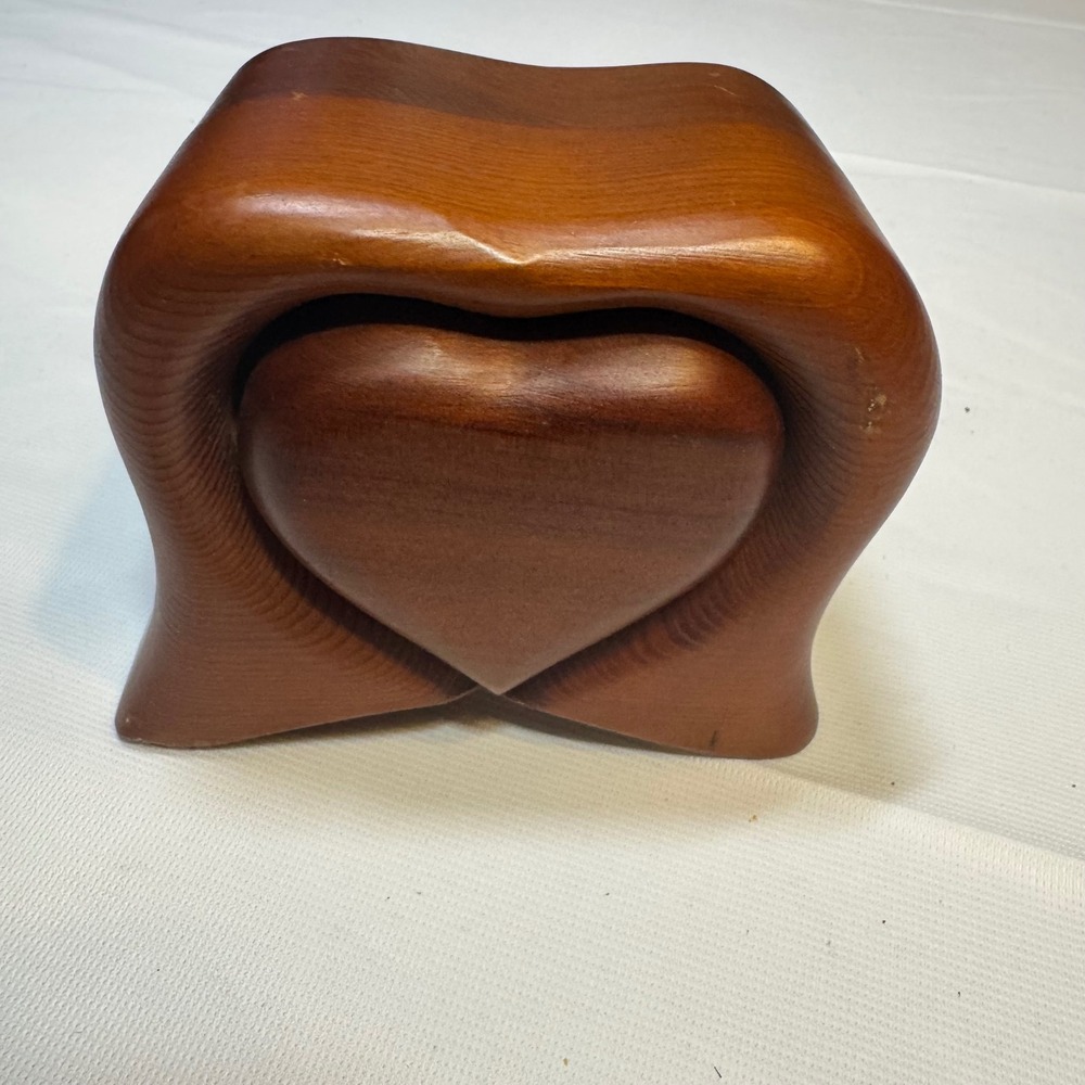 Vtg Handcrafted Native Redwood Heart Puzzle Box Small Vintage Wood‎ Trinket Box